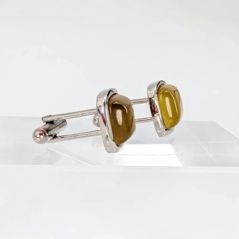 VTG Cufflink Lot Silver Tone Bow Tie and Amber Glass Set of 2 Pairs MCM Classic